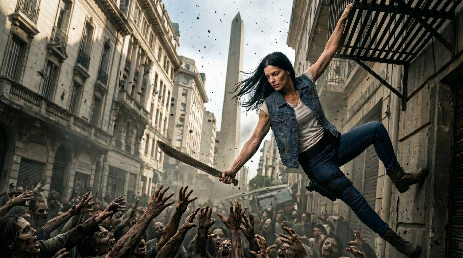 Mujer superviviente entre zombis frente al Obelisco de Buenos Aires — video generado con IA por Dos Players