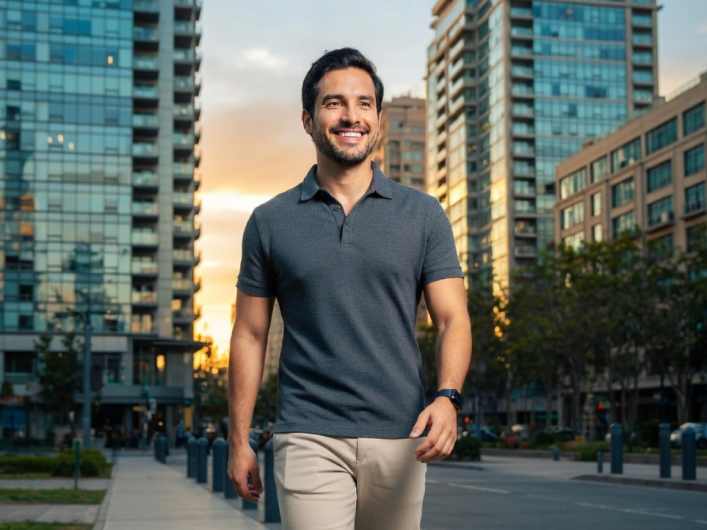 Nicolás, avatar digital masculino caminando en entorno urbano al atardecer — Dos Players