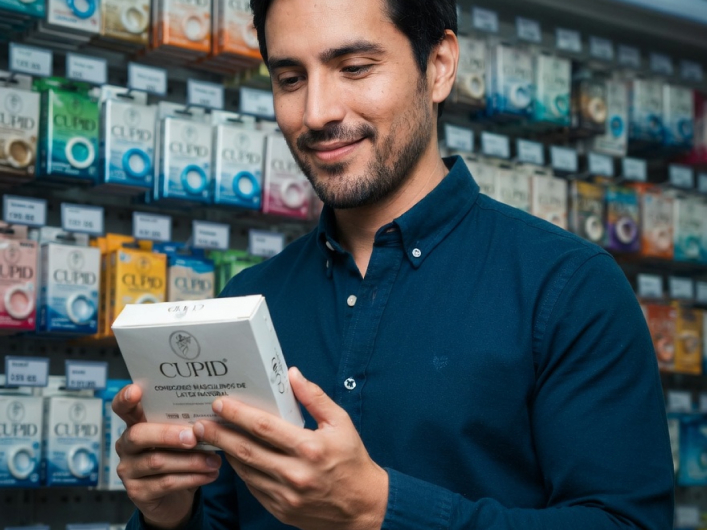 Nicolás en farmacia con camisa sosteniendo el producto