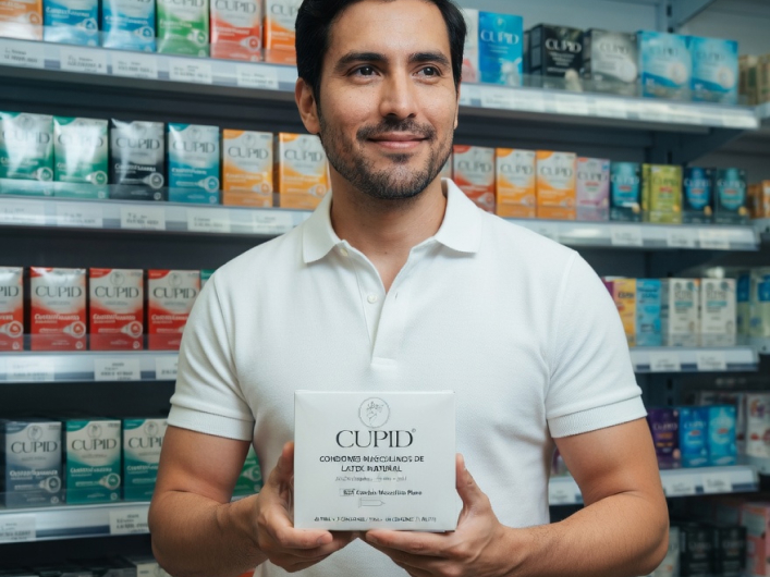Nicolás en farmacia sosteniendo el producto de frente
