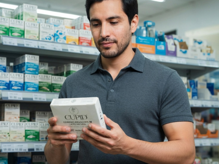 Nicolás en farmacia revisando el producto lateralmente