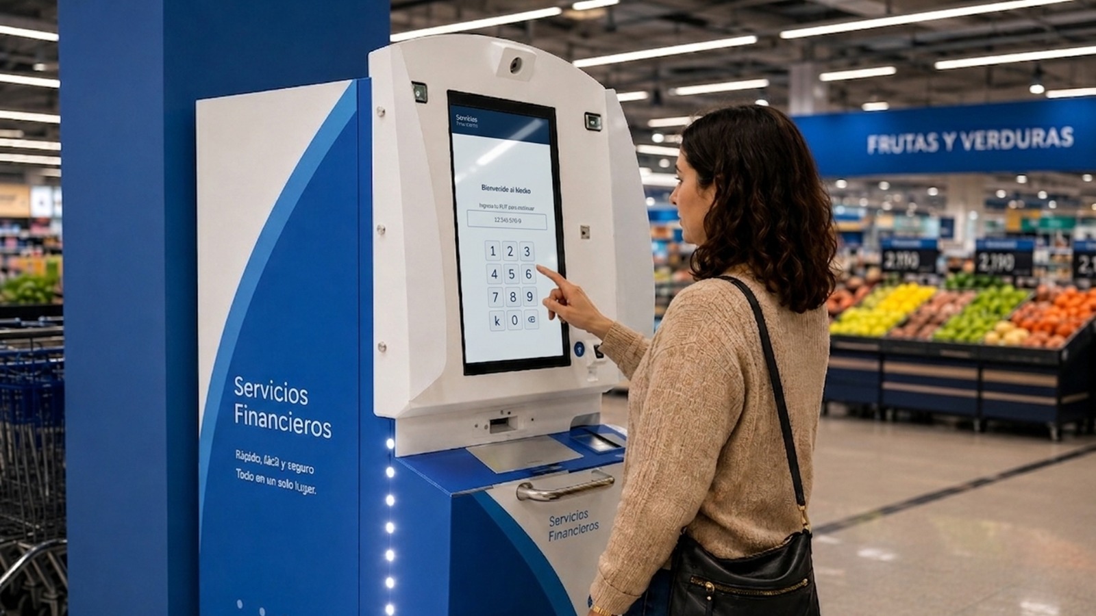 Mujer usando kiosco de autoatención de servicios financieros en supermercado — diseño UX/UI por Dos Players